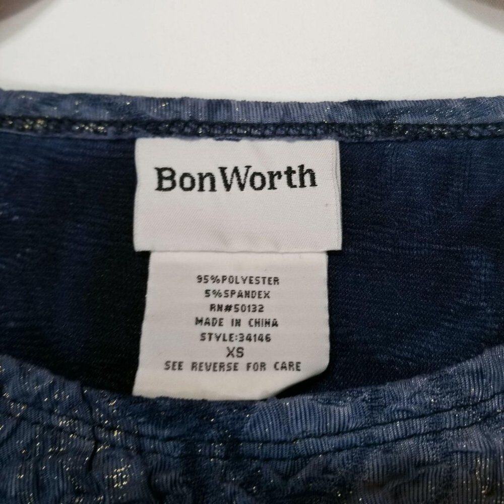 BonWorth Blue Shirt Size Xs Generous Fit Gold Sparkle Textured 3/4 Sleeve - Picture 3 of 5